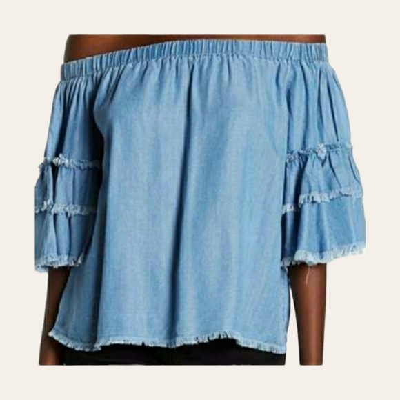 Elan Tops - Elan Chambray Off The Shoulder 3/4 Sleeve Top